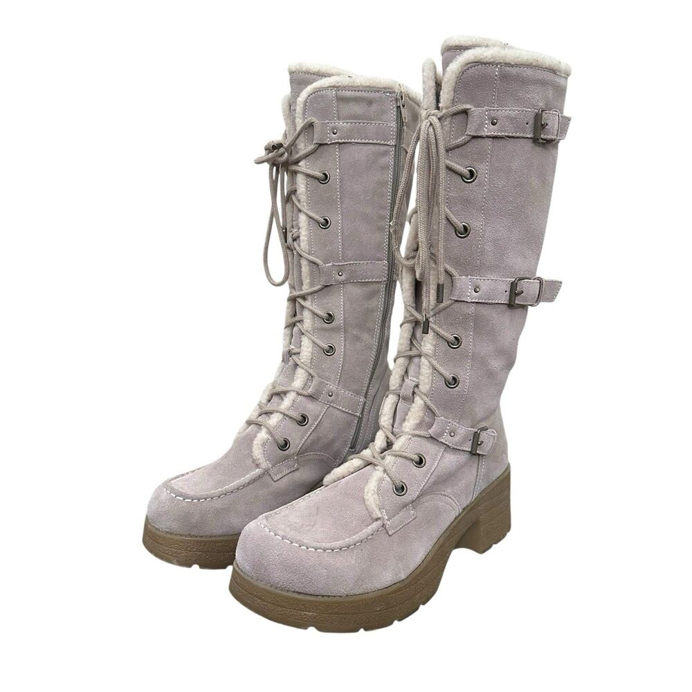 VTG Report Norfolk Tan Chunky Suede Lace Up Platform Boots 90s Y2K Faux Fur 11